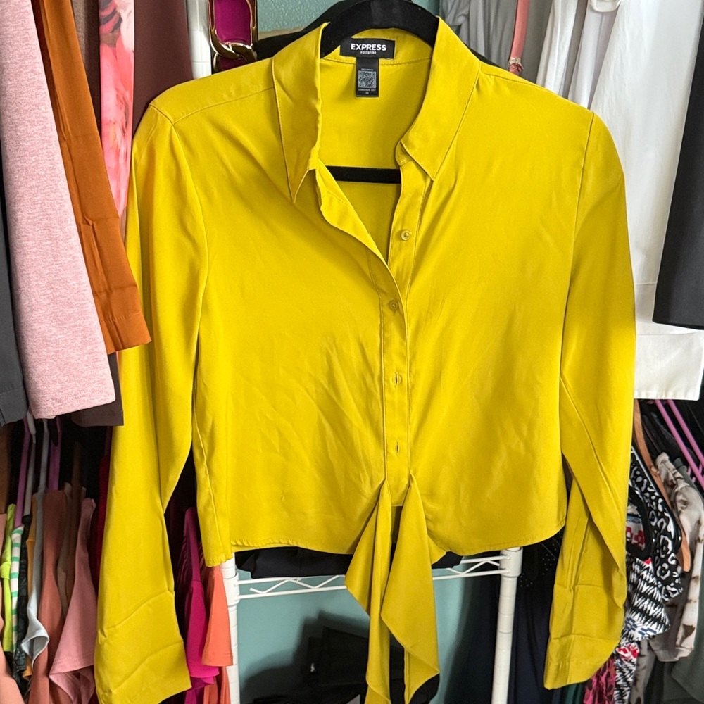 Express Mustard Button-Down Tie-Front Shirt